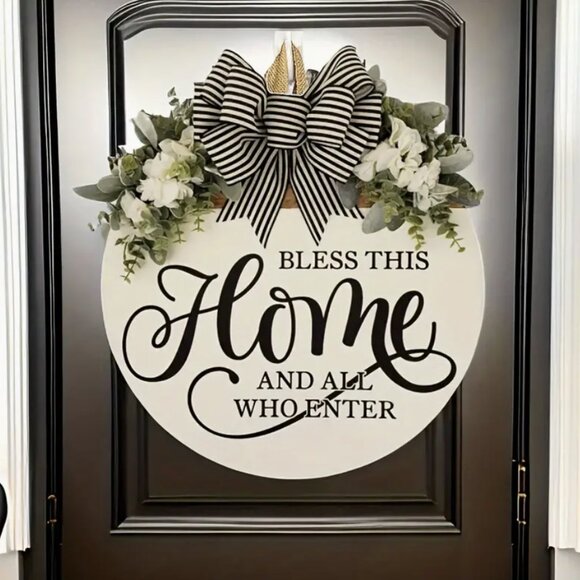 Wooden Hanging Wreath Bless This Home And All Who Enter Front Door Decor 11.8" - Picture 2 of 4